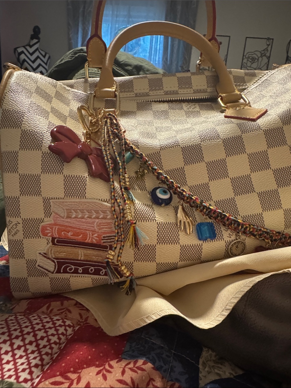 Cream Checkered Women's Top-Handle Bag with Colorful Charm Accents